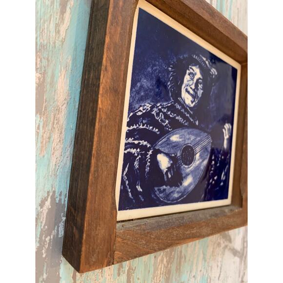 Vintage 5.5" Square Cobalt Tile in Wooden Frame Minstrel Portrait Blue White - Picture 3 of 7